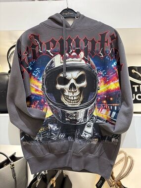 Skull Astronaut Graphic Hoodie in Dark Gray with ‘REDEMPTION’ print